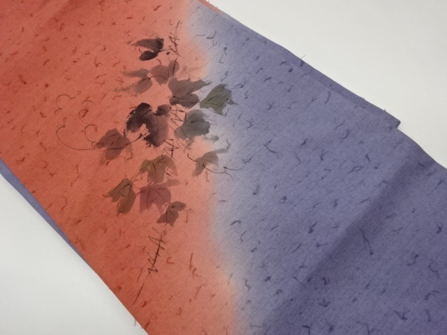 JAPANESE NAGOYA OBI / HIGE TSUMUGI / HAND PAINTED / KINSAI /  IVY LEAVES